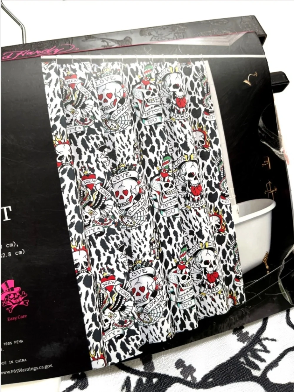 New Ed Hardy Skull Leopard Shower Curtain Set 72x72 w/ PEVA Liner & 12 Hooks
